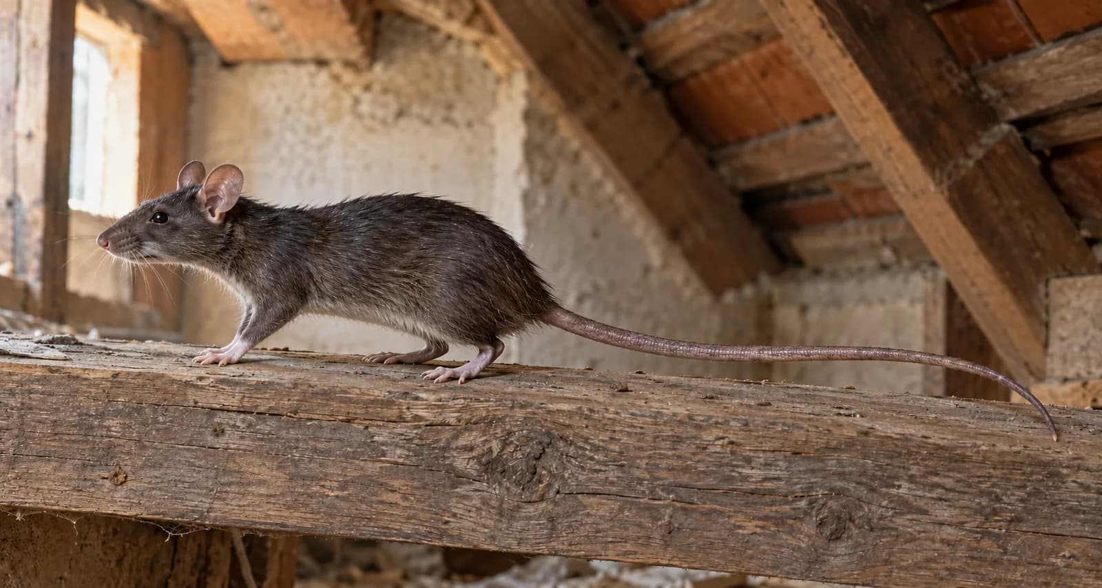 Krysa obecná z boku na půdním trámu: štíhlé tělo, větší uši a celý dlouhý ocas.